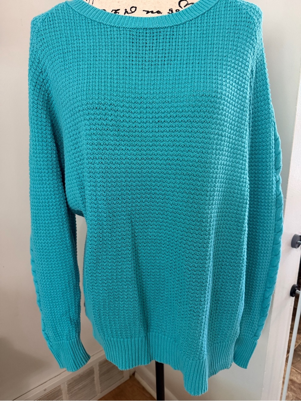 Studio Works XL Aqua Blue Textured Cable Sleeve Knit Sweater Fisherman Lagenlook